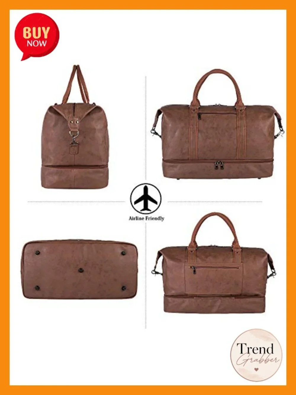 Leather Travel Duffel Bag Overnight Carry On Weekender with Shoe Pouch